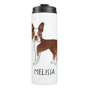 Red and White Boston Terrier Cartoon Dog & Name Thermosbecher