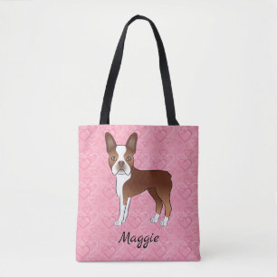 Red and White Boston Terrier Dog on Pink Hearts