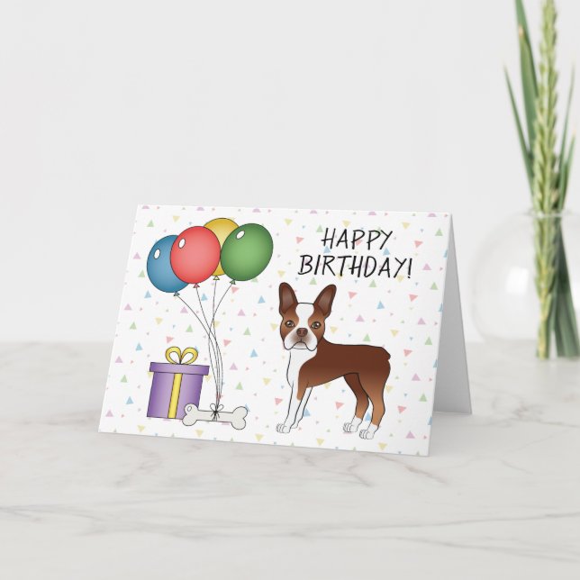 Red and White Boston Terrier Hund Happy Birthday Karte (Vorderseite)