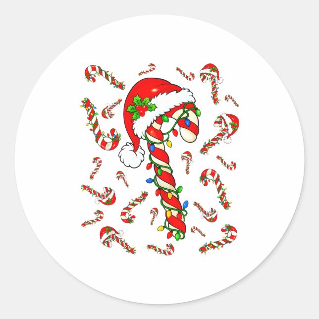 Red And White Candy Cane Santa Christmas Xmas Ligh Runder Aufkleber (Vorderseite)