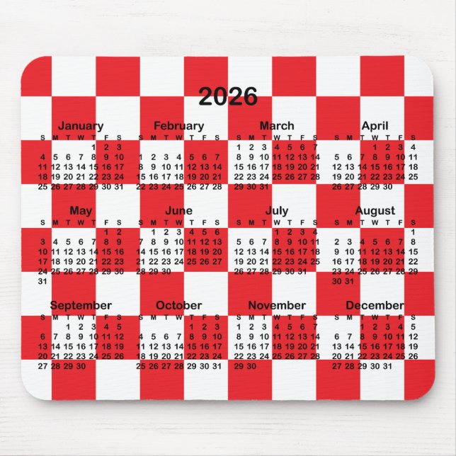 Red and White Checkerboard 2026 Calendar Mousepad (Vorne)