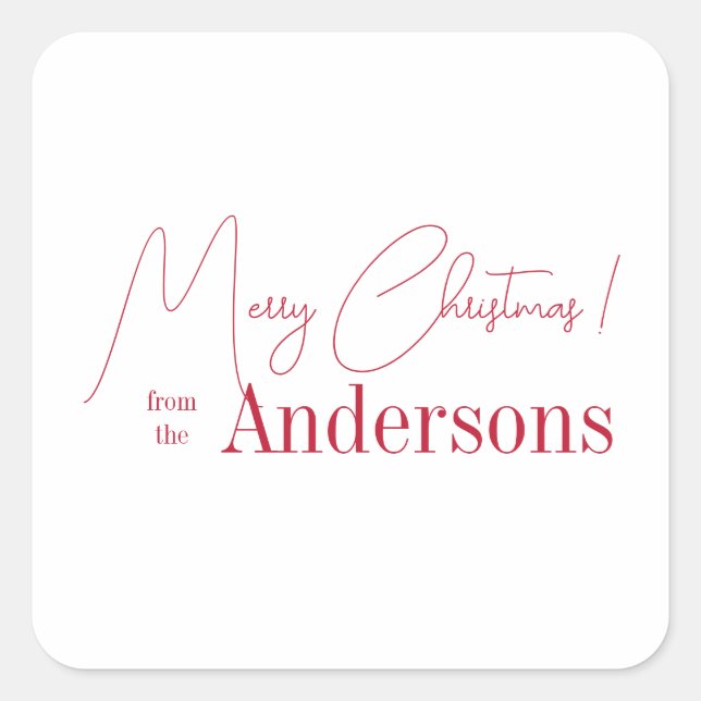 Red and white Christmas from Family Name Quadratischer Aufkleber (Vorderseite)