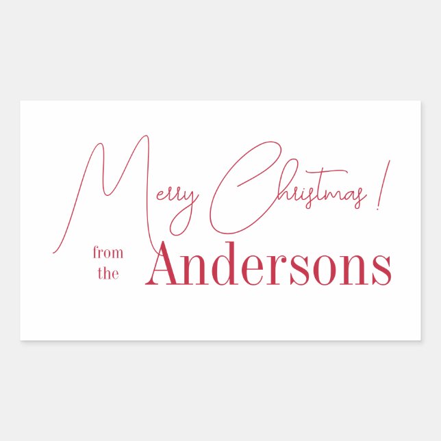 Red and White Christmas from Family Name Rechteckiger Aufkleber (Vorderseite)