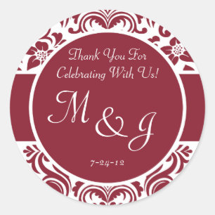 Red and White Damask Wedding Favor Labels Runder Aufkleber