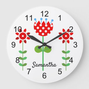 Red and White Folk Flowers Große Wanduhr