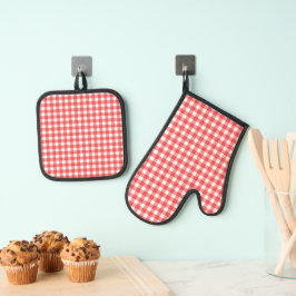 Red and White Gingham Checked Ofenhandschuh & Topflappen-Set