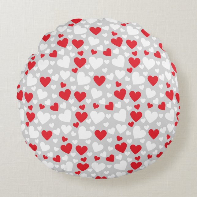 Red and White Hearts Throw Pillow Rundes Kissen (Vorderseite)