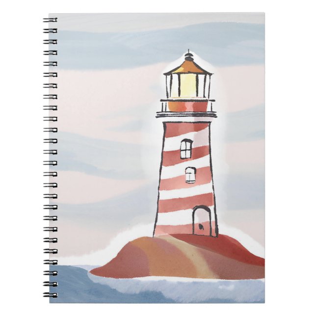 Red and White Lighthouse | Beachy Ocean Watercolor Notizblock (Vorderseite)