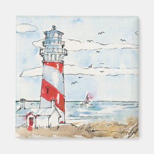 Red and White Lighthouse Scene Magnet