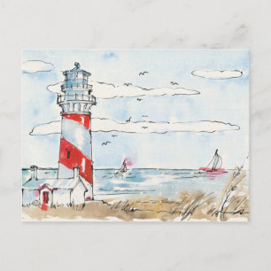 Red and White Lighthouse Scene Postkarte
