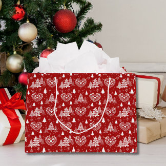 Red and White Scandinavian Heart & Christmas Tree Große Geschenktüte
