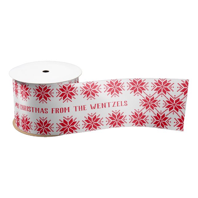 Red and White Snowflake Custom Frohe Weihnachten Satinband (Spule)