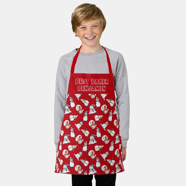 Red and White Snowman Pattern Boys Schürze (Getragen)