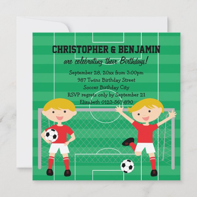 Red and White Twin Boys Soccer /2 Birthday Party Einladung (Vorderseite)