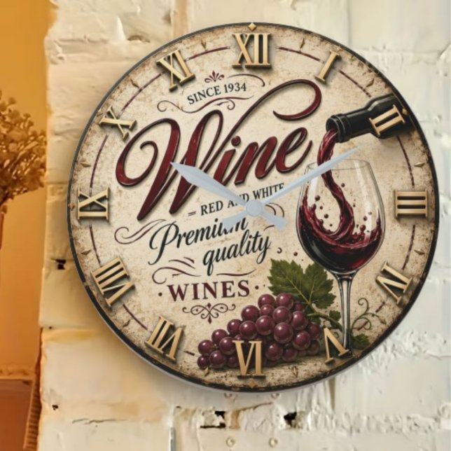  Red and White Wine Rustic Vineyard Kitchen Große Wanduhr (Von Creator hochgeladen)