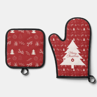 Red and withe Christmas Oven Mitt and Pot Holders Ofenhandschuh & Topflappen-Set