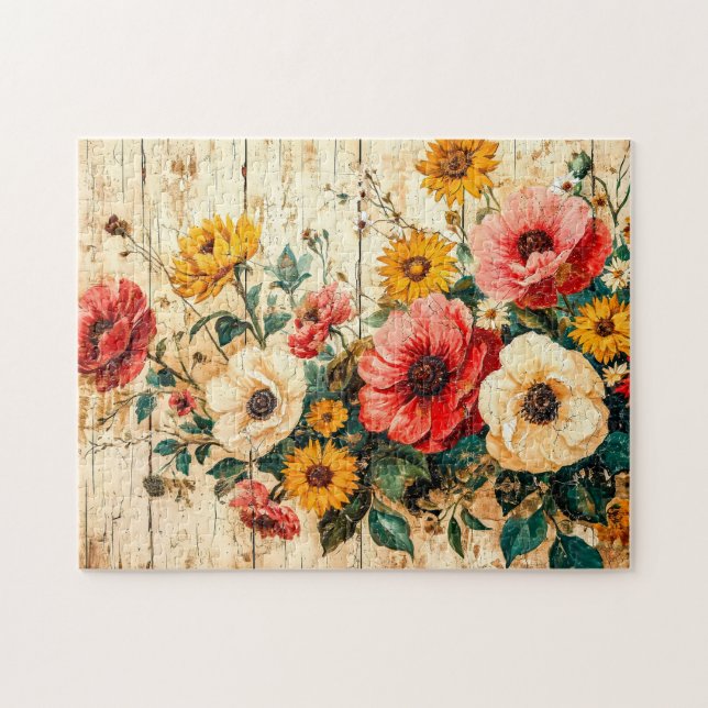 Red and Yellow Garden Flowers on Wood Puzzle (Horizontal)