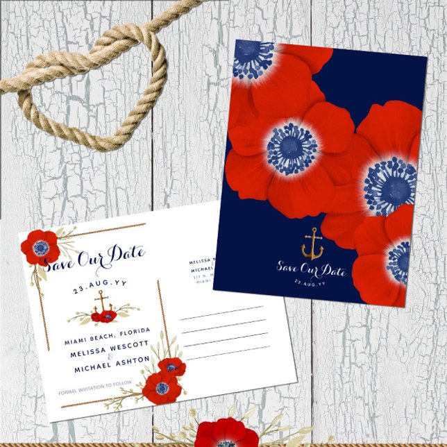 Red Anemone Nautical Anchor ❤️ Budget Save the Dat Ankündigungspostkarte (Budget-Friendly Save Our Date with Nautical Theme and Red Anemone | Customize On Screen Now!)