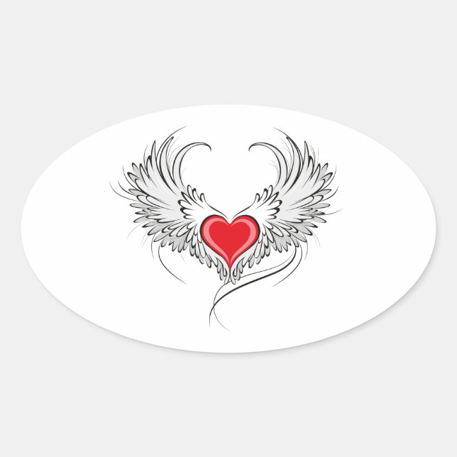 Red Angel Heart mit Flügeln Ovaler Aufkleber (Vorderseite)