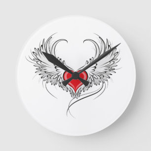 Red Angel Heart mit Flügeln Runde Wanduhr