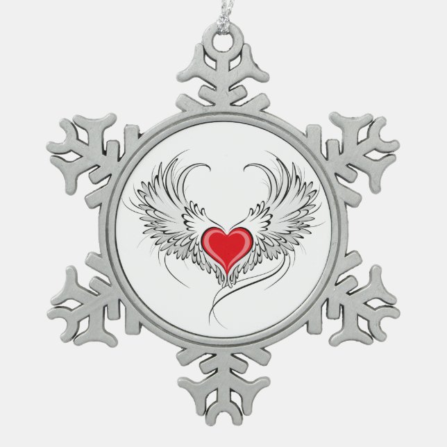 Red Angel Heart mit Flügeln Schneeflocken Zinn-Ornament (Vorderseite)