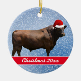 Red Angus Bull und Weihnachtsmannmütze Keramik Ornament