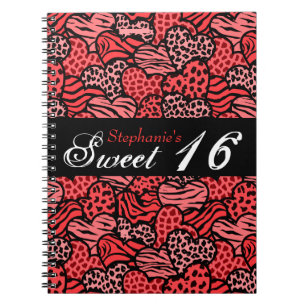 Red Animal Muster Herzen Sweet 16 Notebook Notizblock