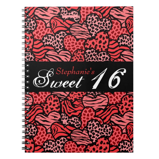 Red Animal Muster Herzen Sweet 16 Notebook Notizblock (Vorderseite)