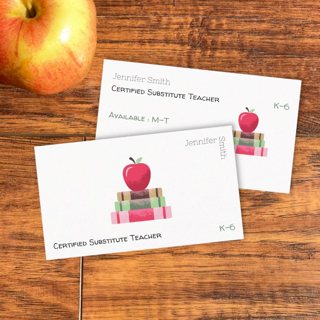 Red Apple and Books Modern Tutor Business Card Visitenkarte (Red apple on book educator white double-sided business card .)