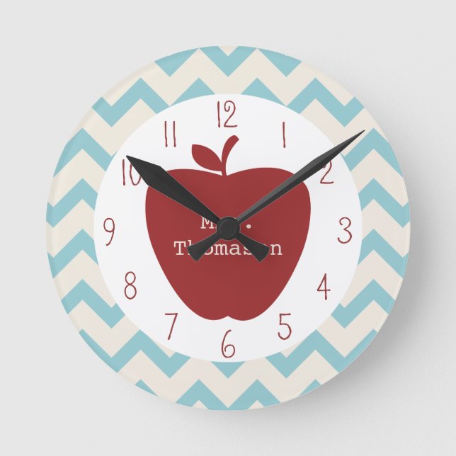 Red Apple Aqua Zickzack Teacher Clock Runde Wanduhr (Vorderseite)