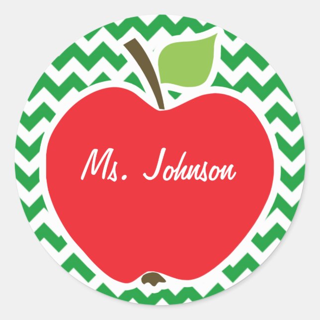 Red Apple auf Retro Kelly Green Zickzack Stripes Runder Aufkleber (Vorderseite)