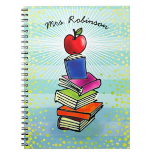 Red Apple Book Stack Teacher Name Turquoise Strip Notizblock