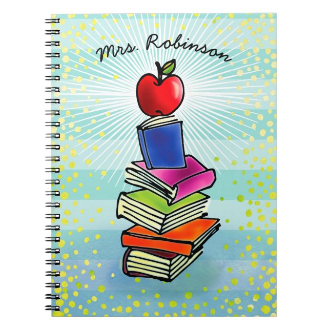 Red Apple Book Stack Teacher Name Turquoise Strip Notizblock (Vorderseite)