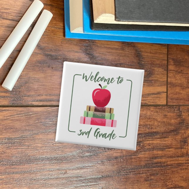 Red Apple Books Back-to-School Square White Button (Red apple and books white square back-to-school button with grade level . )