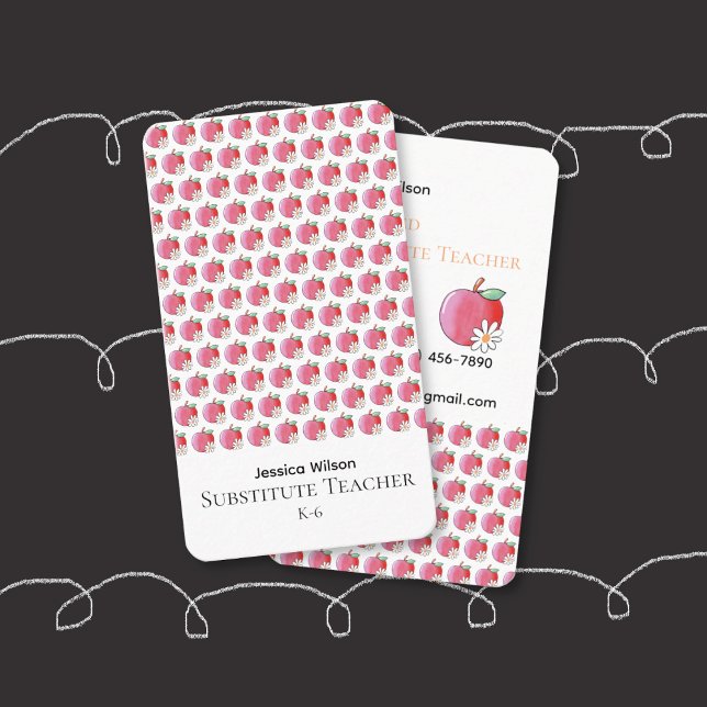 Red Apple Daisy Pattern Sub Vertical Business Card Visitenkarte (Red apple and white flower pattern substitute teacher vertical business card .)