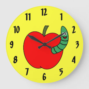 Red Apple Green Wurm Große Wanduhr