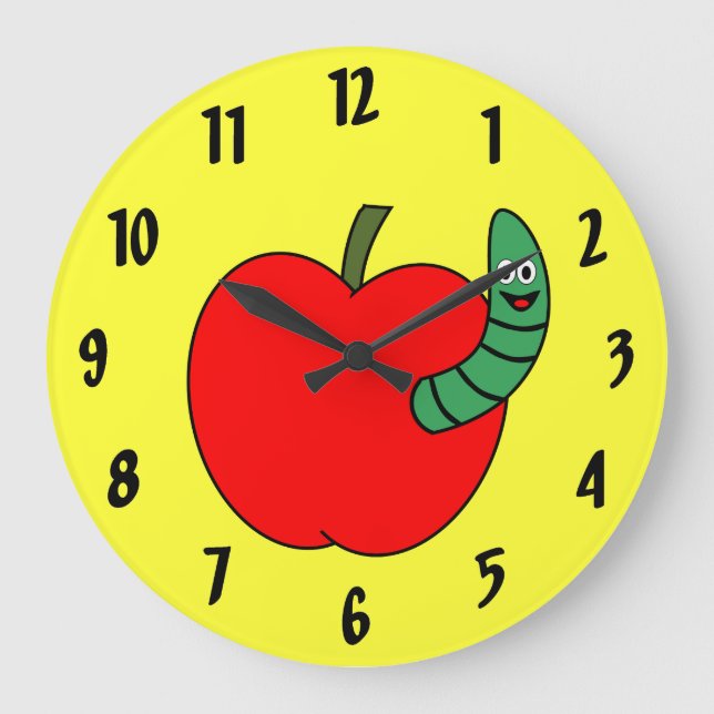 Red Apple Green Wurm Große Wanduhr (Vorderseite)