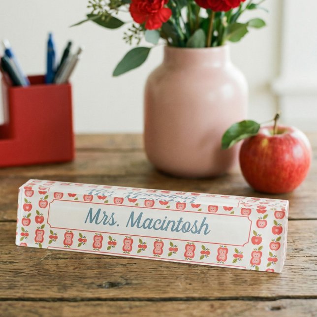 Red Apple & Heart Pattern Personalisiert Teacher Namensplakette (Red Apple & Heart Pattern Personalized Teacher Desk Name Plate)