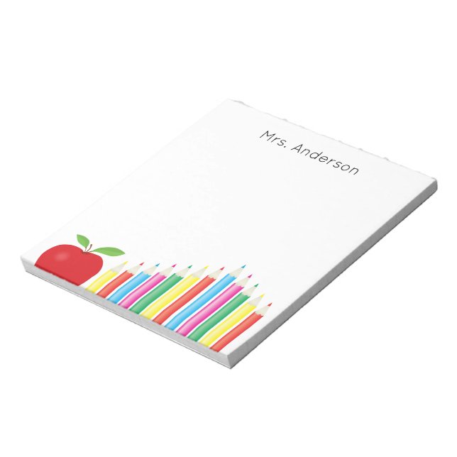 Red Apple und Colored Pencils Lehrer Notizblock (Rotiert)