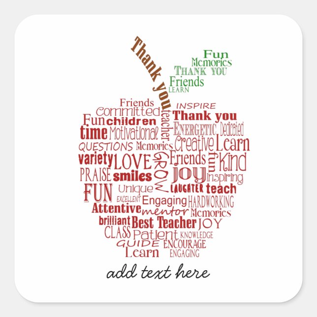Red Apple Word Cloud Lehrer Danke, Geschenk Quadratischer Aufkleber (Vorderseite)