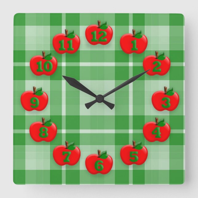 Red Apples Green Checked Kariert Gingham Quadratische Wanduhr (Vorderseite)