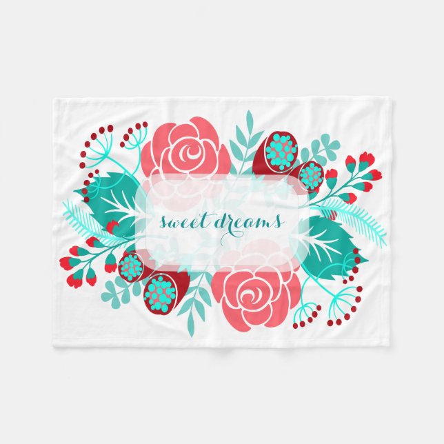 Red Aqua Aquamarines Vintages Blumenmuster Fleecedecke (Vorderseite (Horizontal))