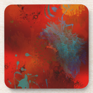 Red, Aqua & Gold Grunge Digitale Abstrakte Kunst Untersetzer