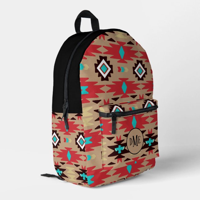 Red Aquamarin Native American Vision Monogram Bedruckter Rucksack (Rückseitige Ecke links)