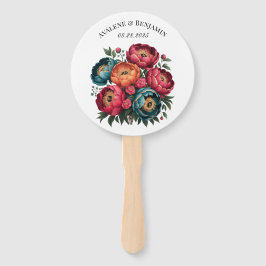 Red Aquamarin Orange Peony Blooms Gold Trim Weddin Fächer