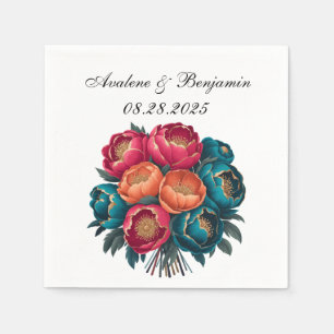 Red Aquamarin Orange Peony Blooms Gold Trim Weddin Serviette
