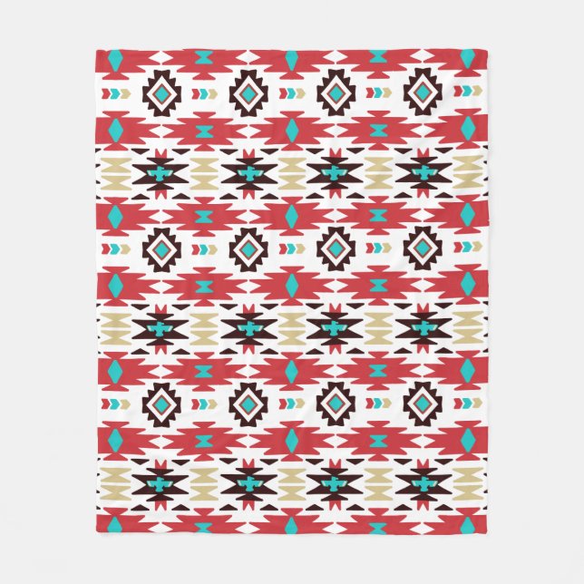 Red Aquamarin White Native American Pattern Fleecedecke (Vorderseite)