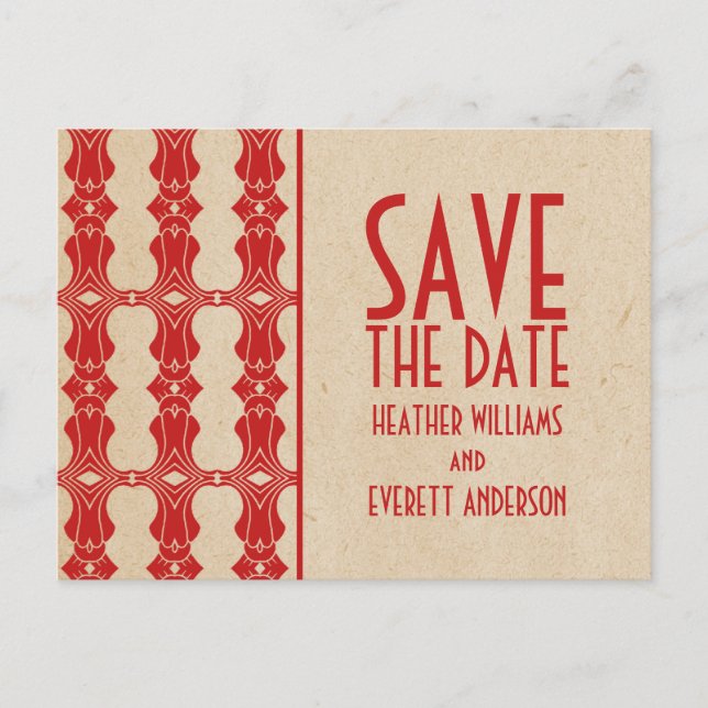 Red Art Deco Border Save the Date Postkarte (Vorderseite)