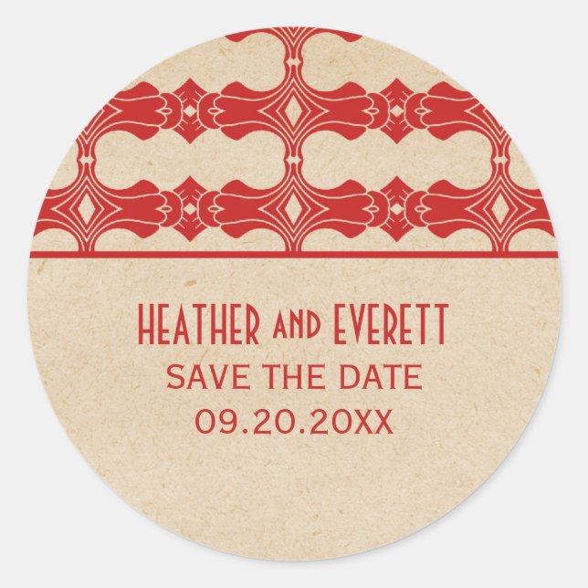 Red Art Deco Border Save the Date Stickers (Vorderseite)