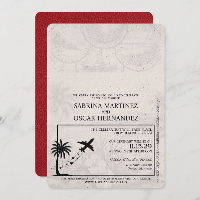 Red Aruba Passport Hochzeitseinladung Einladung (Vorne/Hinten)